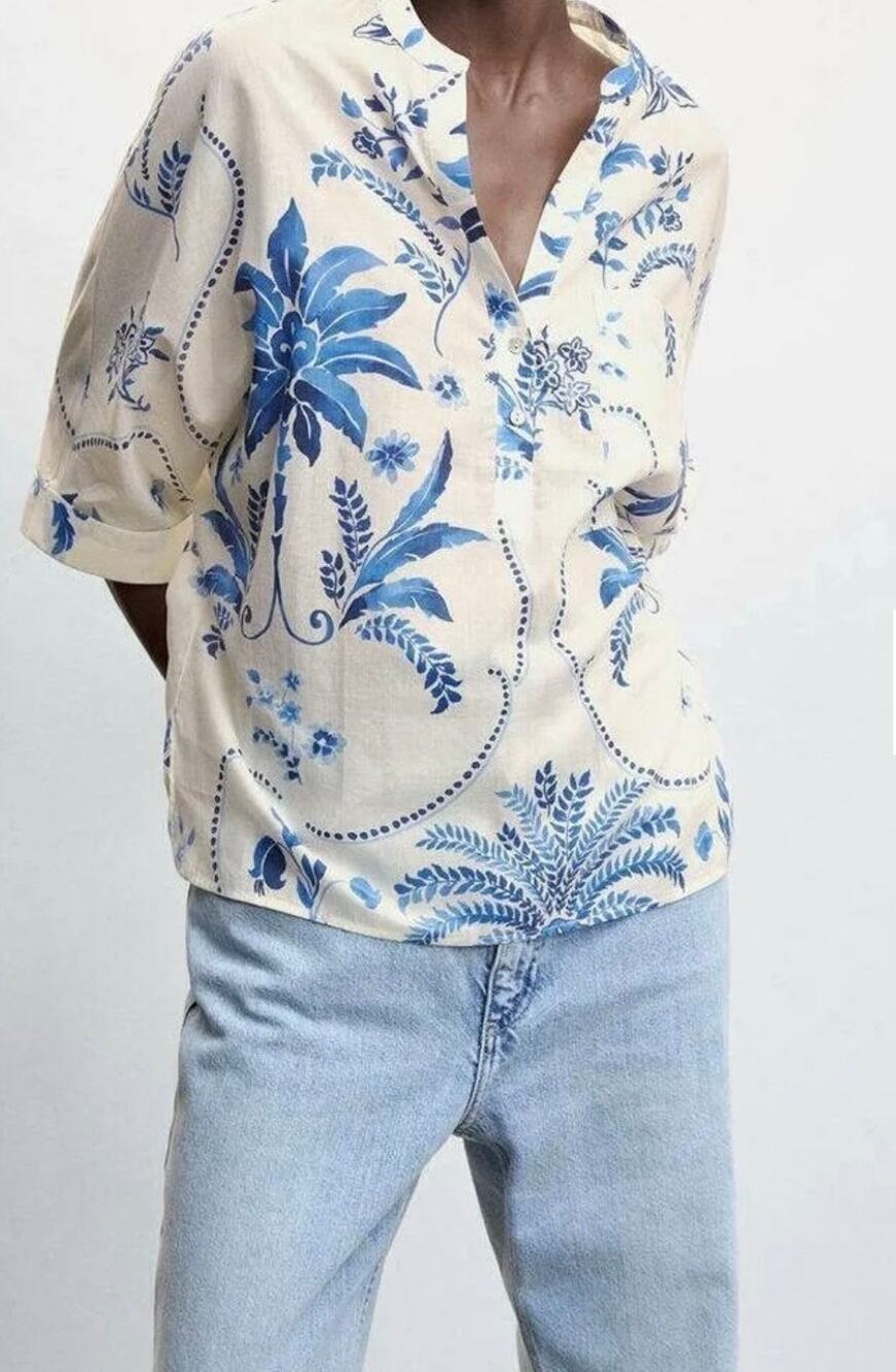 Mango Floral Mandarin Collar Women's Blouse Lightweight 100% Cotton Size Small